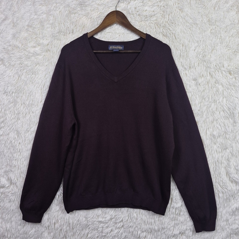 Brooks Brothers Sweater Mens Large Extra Fine‎ Merino Long Sleeve Plum V-Neck